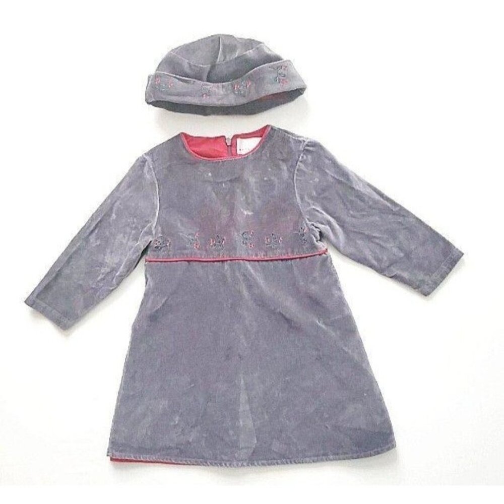 Maggie & Zoe Little Girls Velvet Holly Christmas Holiday Gray Dress With Hat 2T - Picture 2 of 13